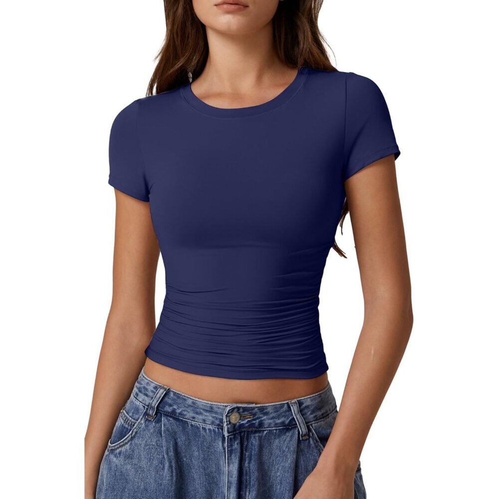 Women's Crop Tops Blue Short Sleeve Classic Y2K Round Neck Side Ruched Pleated